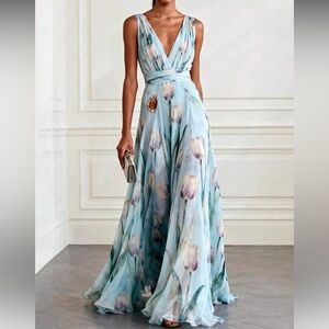Light Blue Floral V-Neck Maxi Dress
